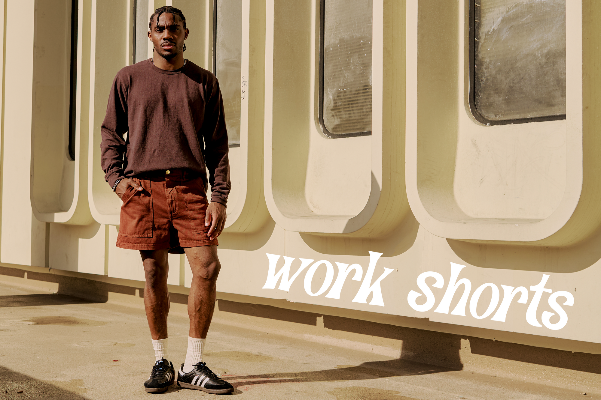 Work Shorts in Fudgesicle Brown and Long Sleeve Burly Tee in Espresso