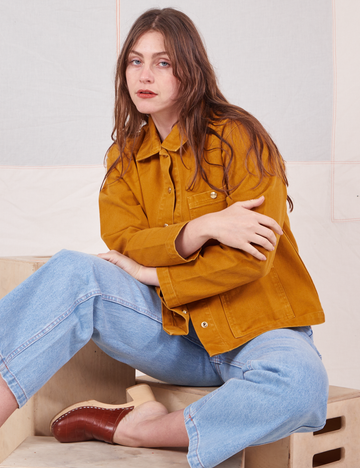 Allison is 5'10" and wearing XS Denim Work Jacket in Spicy Mustard