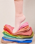 Thick Crew Sock in a rainbow of hues with baby pink on model