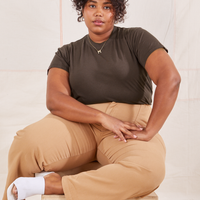 Morgan is wearing L Organic Vintage Tee in Espresso Brown paired with tan Work Pants