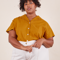 Pantry Button-Up in Spicy Mustard on Morgan wearing vintage off-white Western Pants