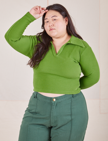 Ashley is wearing size L Long Sleeve Fisherman Polo in Bright Olive