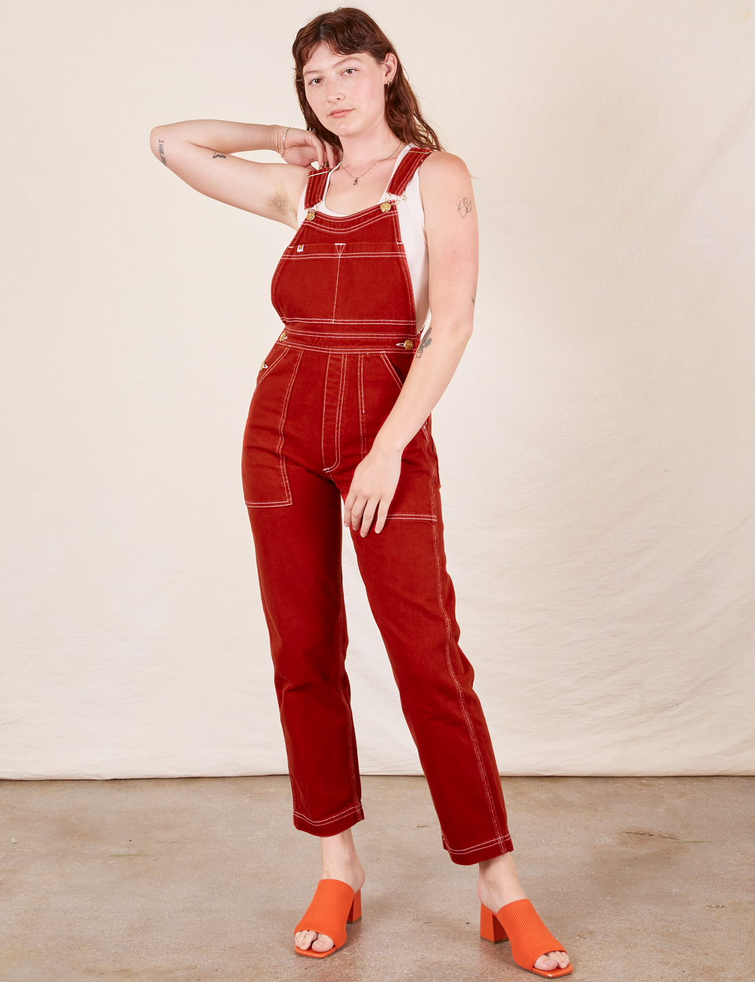 Original Overalls in Paprika on Alex wearing vintage off-white Tank Top