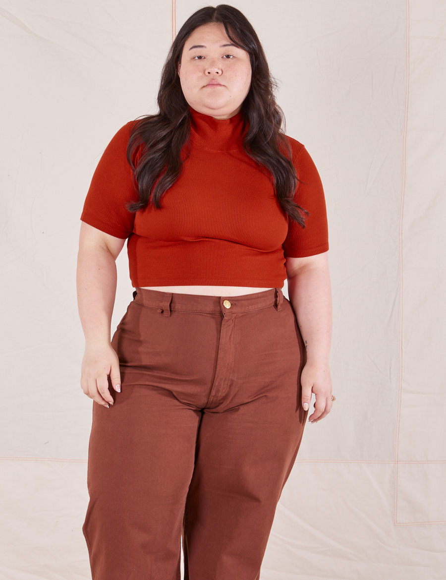 1/2 Sleeve Essential Turtleneck in Paprika on Ashley wearing fudgesicle brown Bell Bottoms