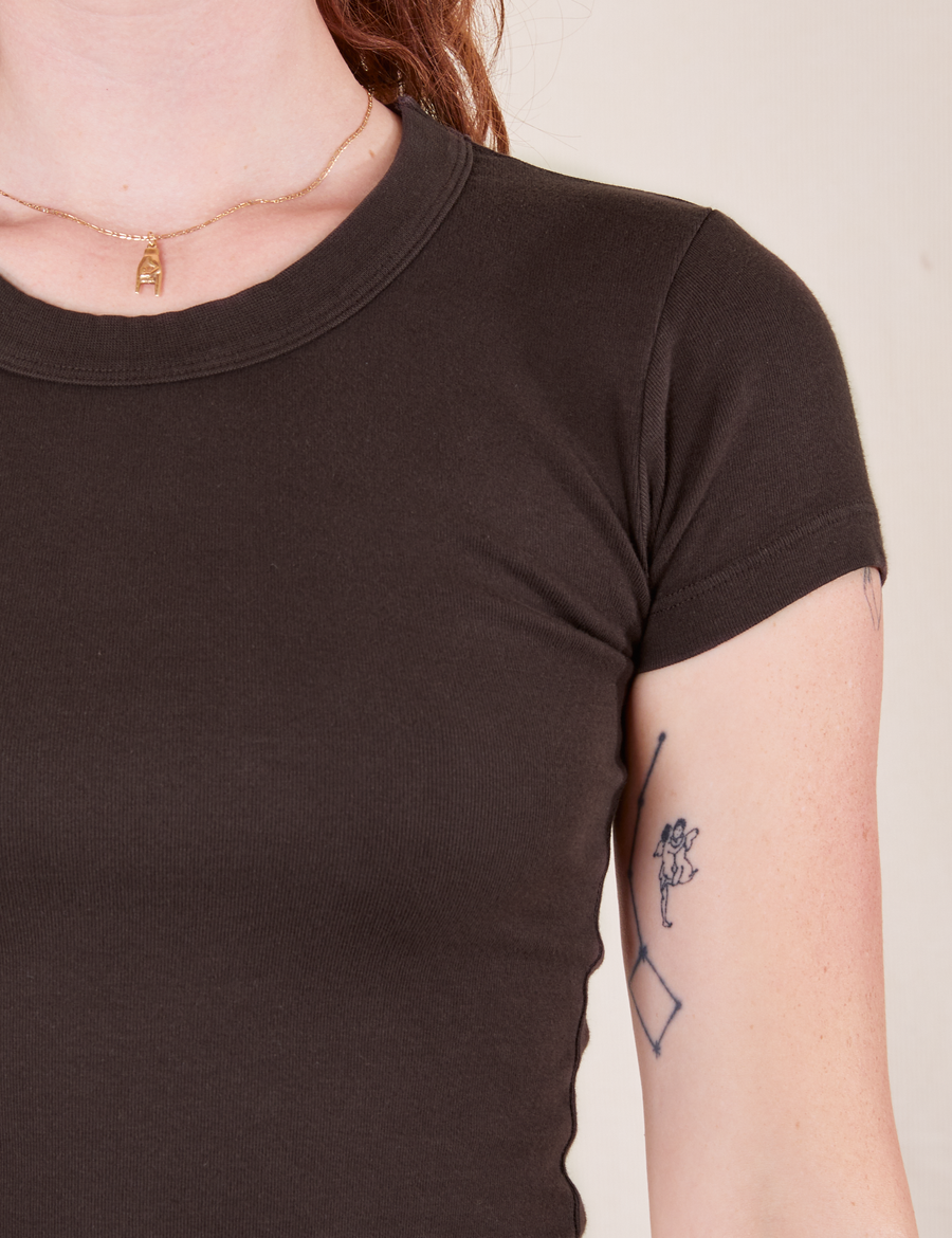Front close up of Baby Tee in Espresso Brown on Alex