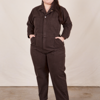 Ashley is wearing Everyday Jumpsuit in Espresso Brown