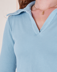 Front close up of Long Sleeve Fisherman Polo in Baby Blue worn by Alex