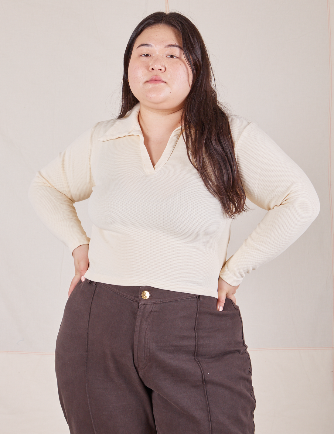 Long Sleeve Fisherman Polo in Vintage Tee Off-White on Ashley wearing espresso brown Western Pants