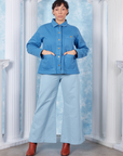 Neoclassical Work Jacket in Blue Venus buttoned up on Tiara wearing baby blue Bell Bottoms