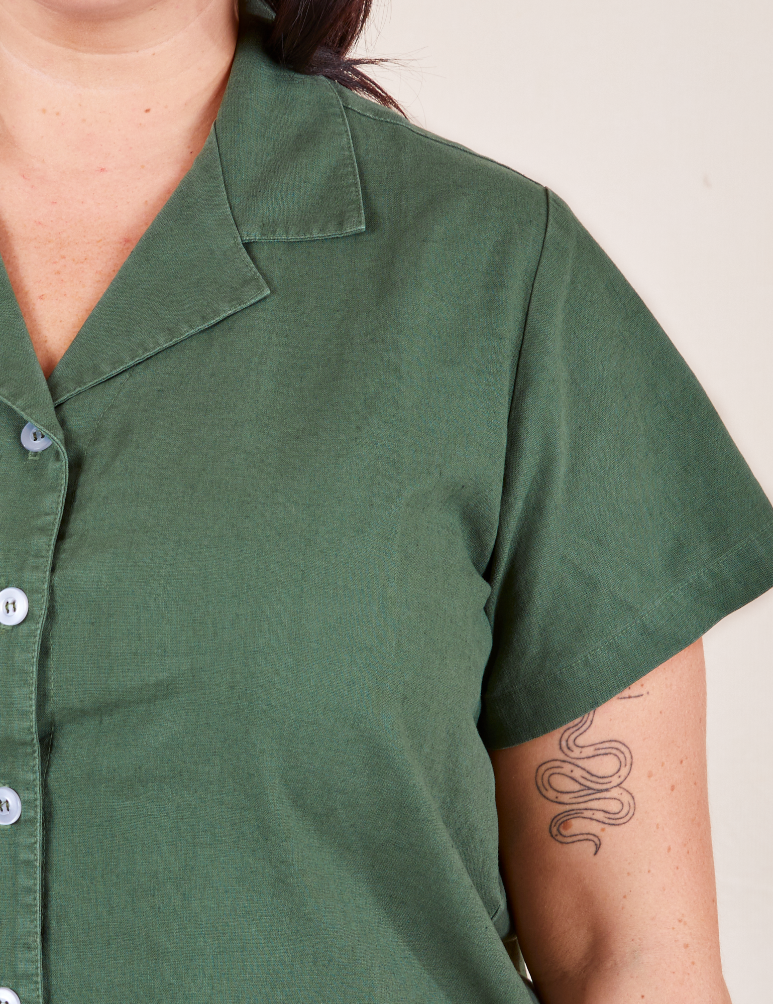 Pantry Button-Up in Dark Emerald Green front close up on Faye