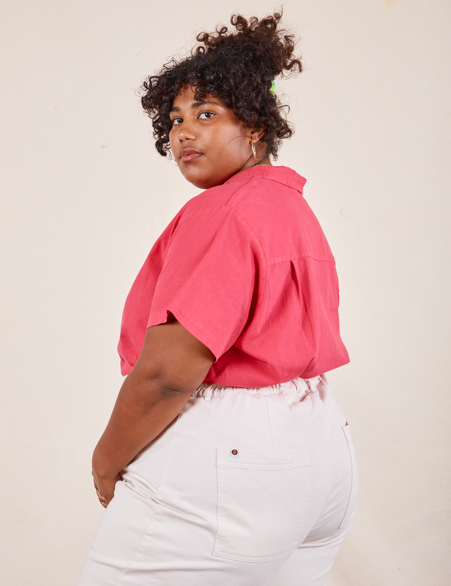 Pantry Button-Up in Hot Pink side view on Morgan wearing vintage off-white Western Pants