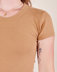 Front close up of Baby Tee in Tan on Alex
