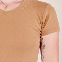 Front close up of Baby Tee in Tan on Alex