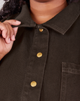 Front close up of Denim Work Jacket in Espresso Brown worn by Morgan