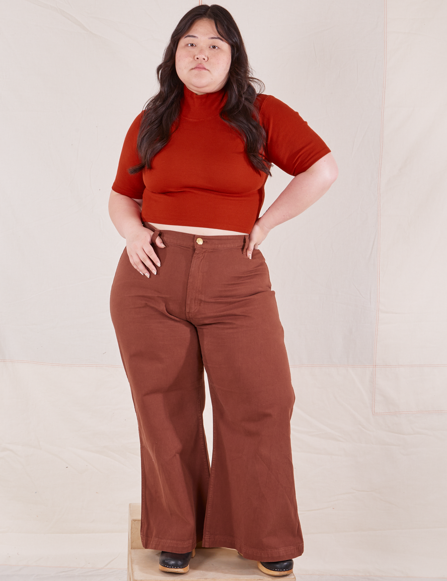 1/2 Sleeve Essential Turtleneck in Paprika on Ashley wearing fudgesicle brown Bell Bottoms