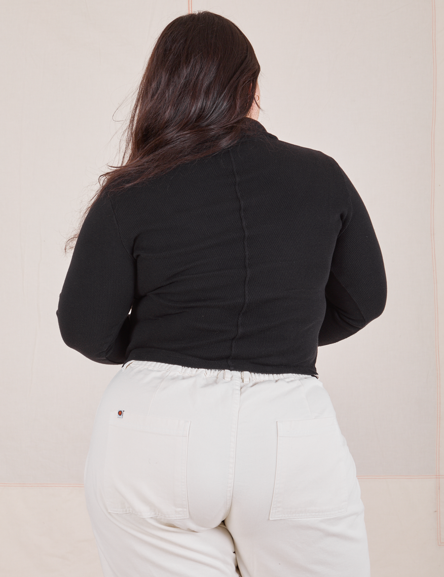 Long Sleeve Fisherman Polo in Basic Black back view on Ashley wearing vintage off-white Western Pants