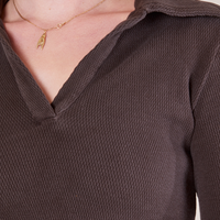 Front close up of Long Sleeve Fisherman Polo in Espresso Brown worn by Alex