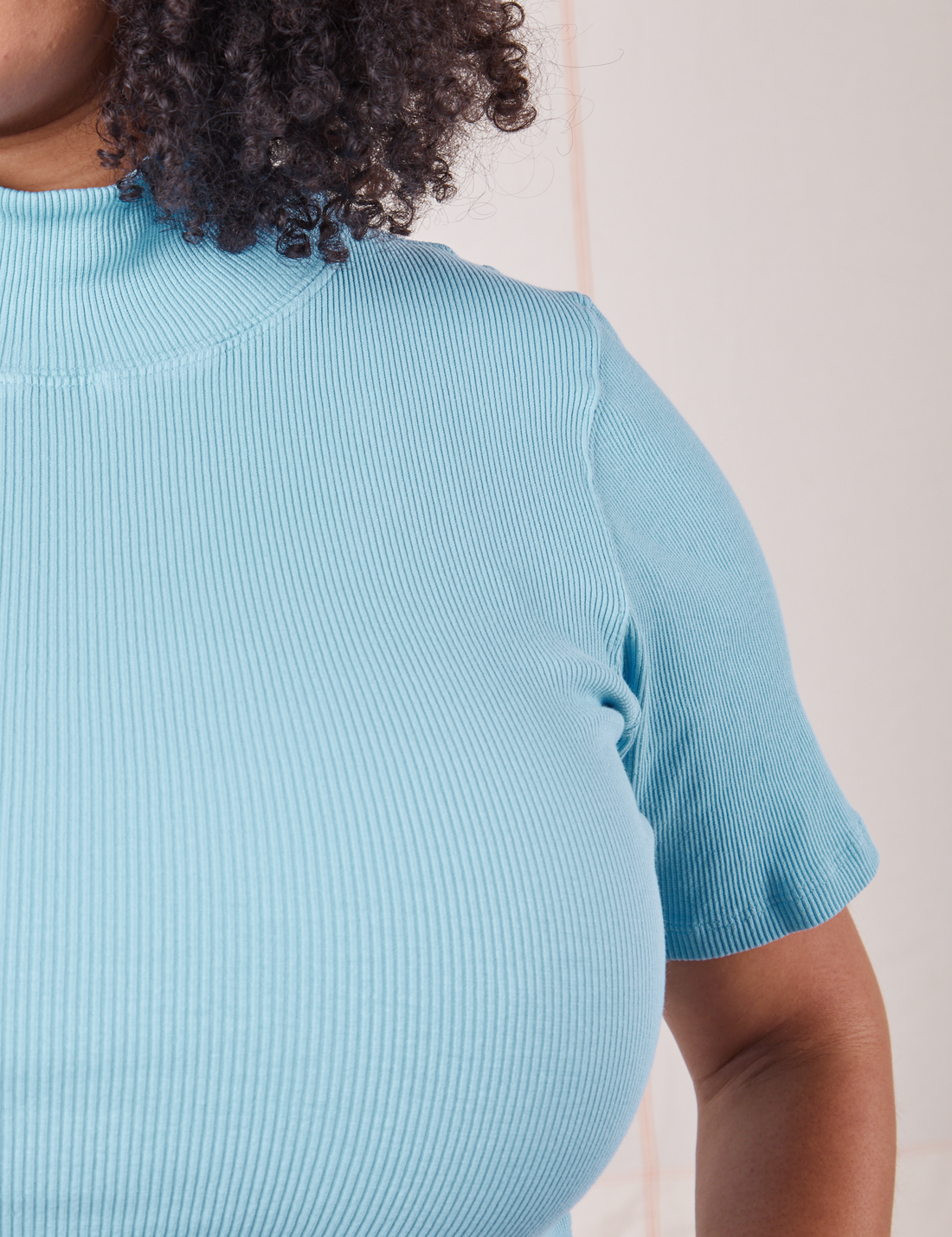 1/2 Sleeve Essential Turtleneck in Baby Blue front close up on Lana