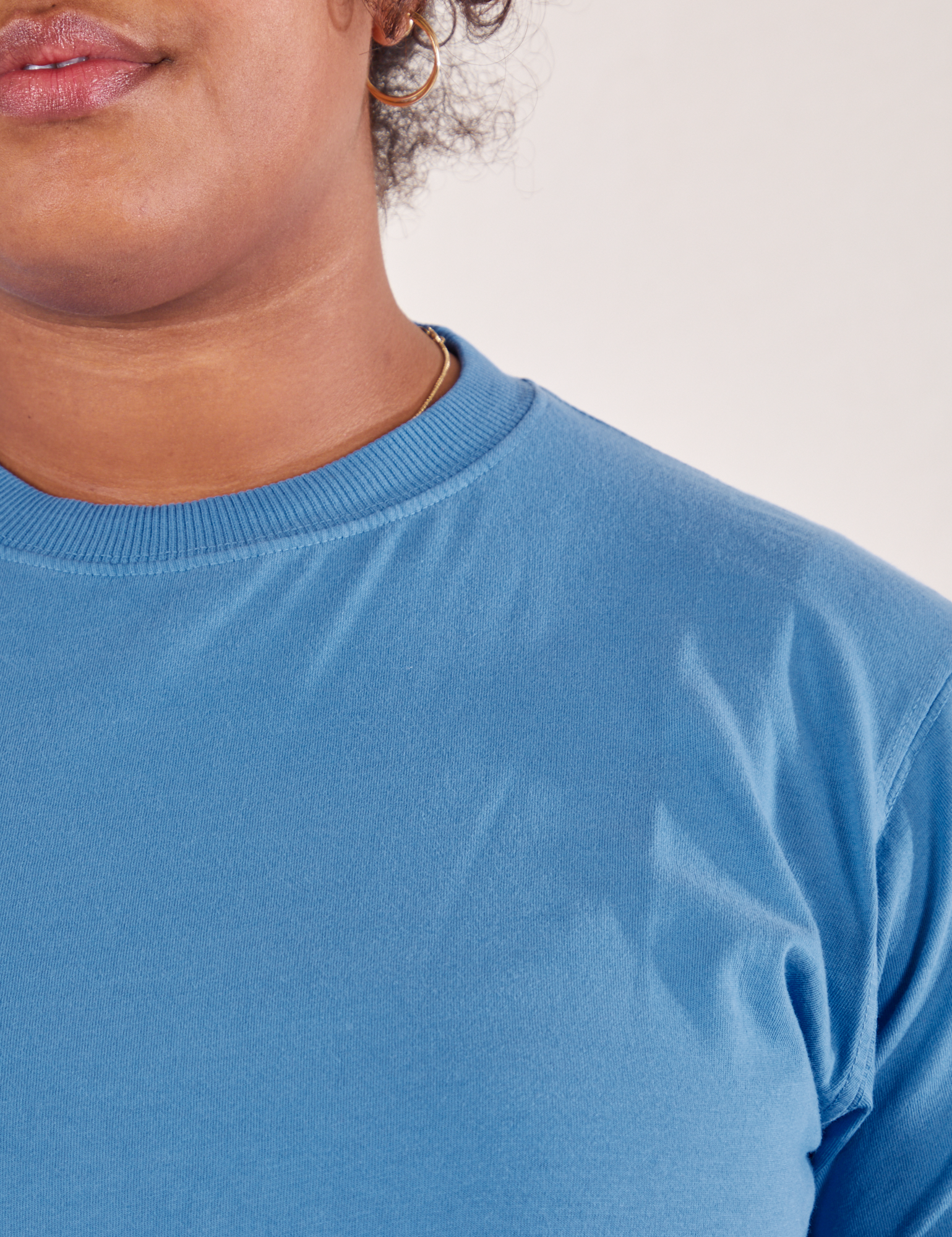 The Organic Vintage Tee in Greek Blue front close up on Morgan