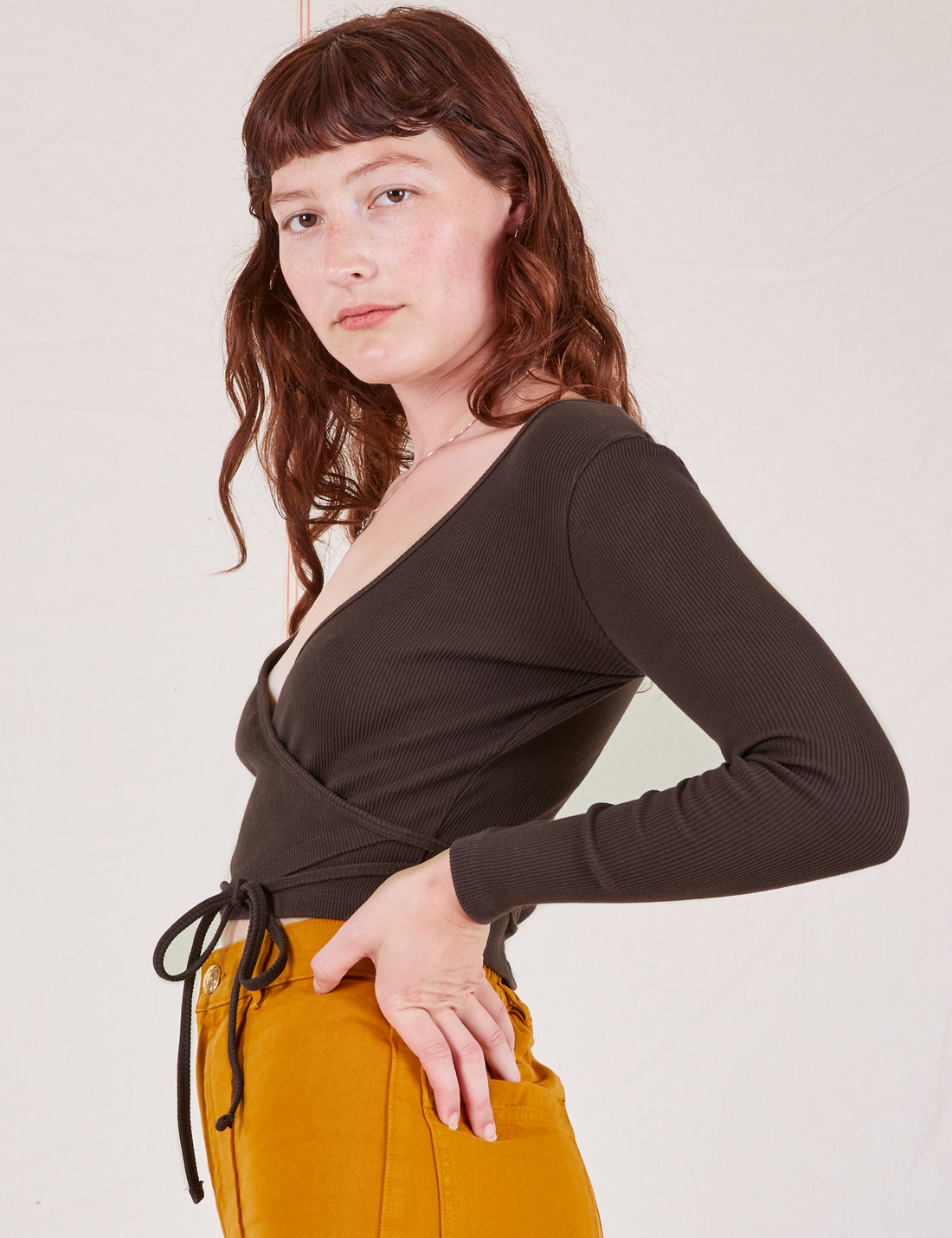 Wrap Top in Espresso Brown side view on Alex