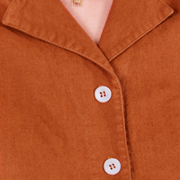 Front close up of Pantry Button-Up in Burnt Terracotta worn by Alex