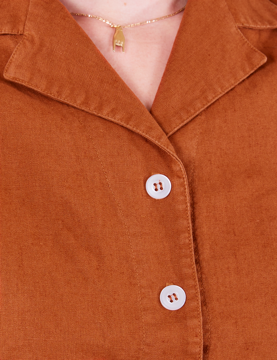 Front close up of Pantry Button-Up in Burnt Terracotta worn by Alex