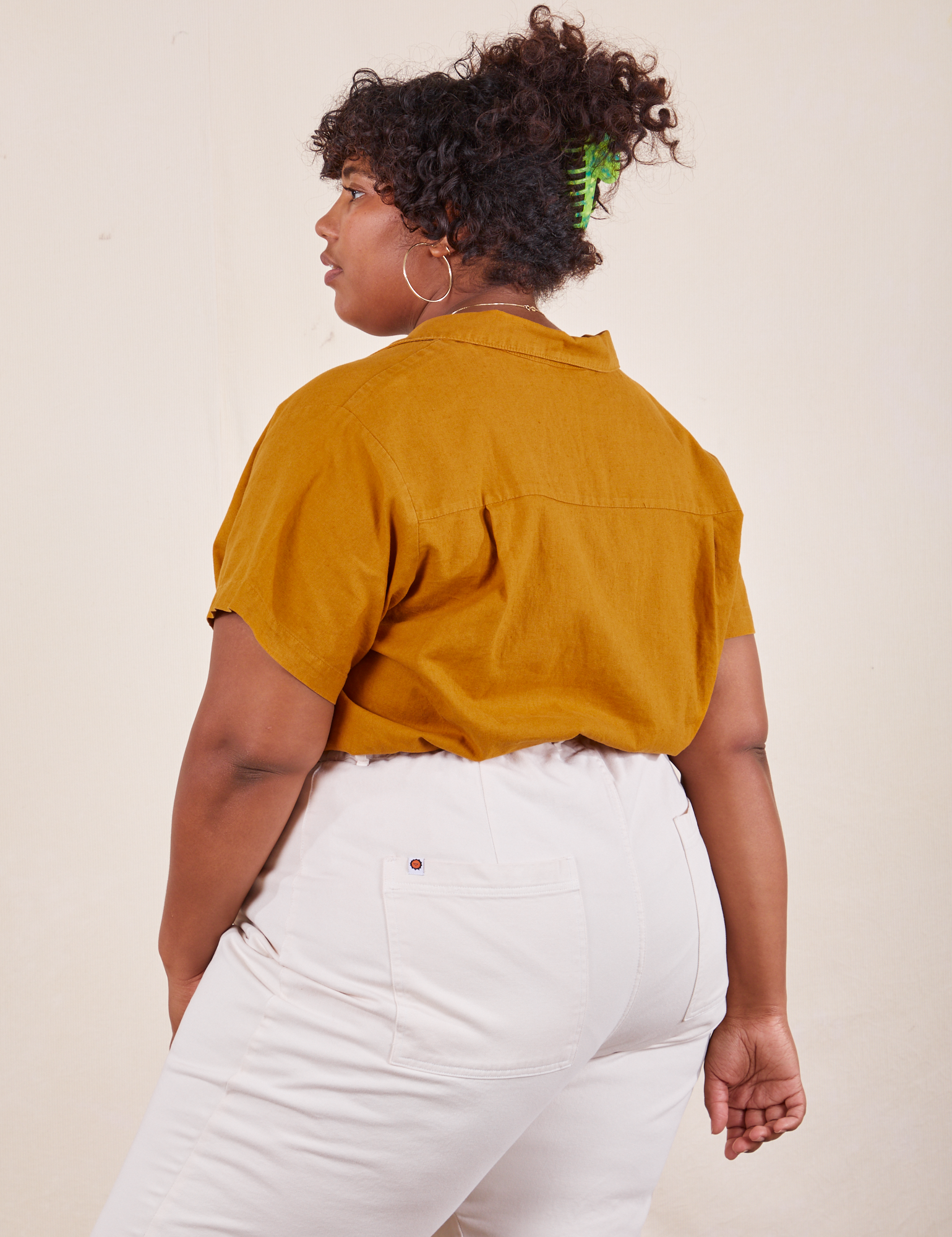 Back view of Pantry Button-Up in Spicy Mustard worn by Morgan