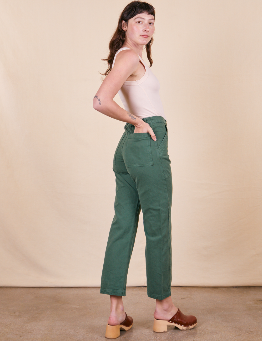 Work Pants in Dark Emerald Green back view on Alex