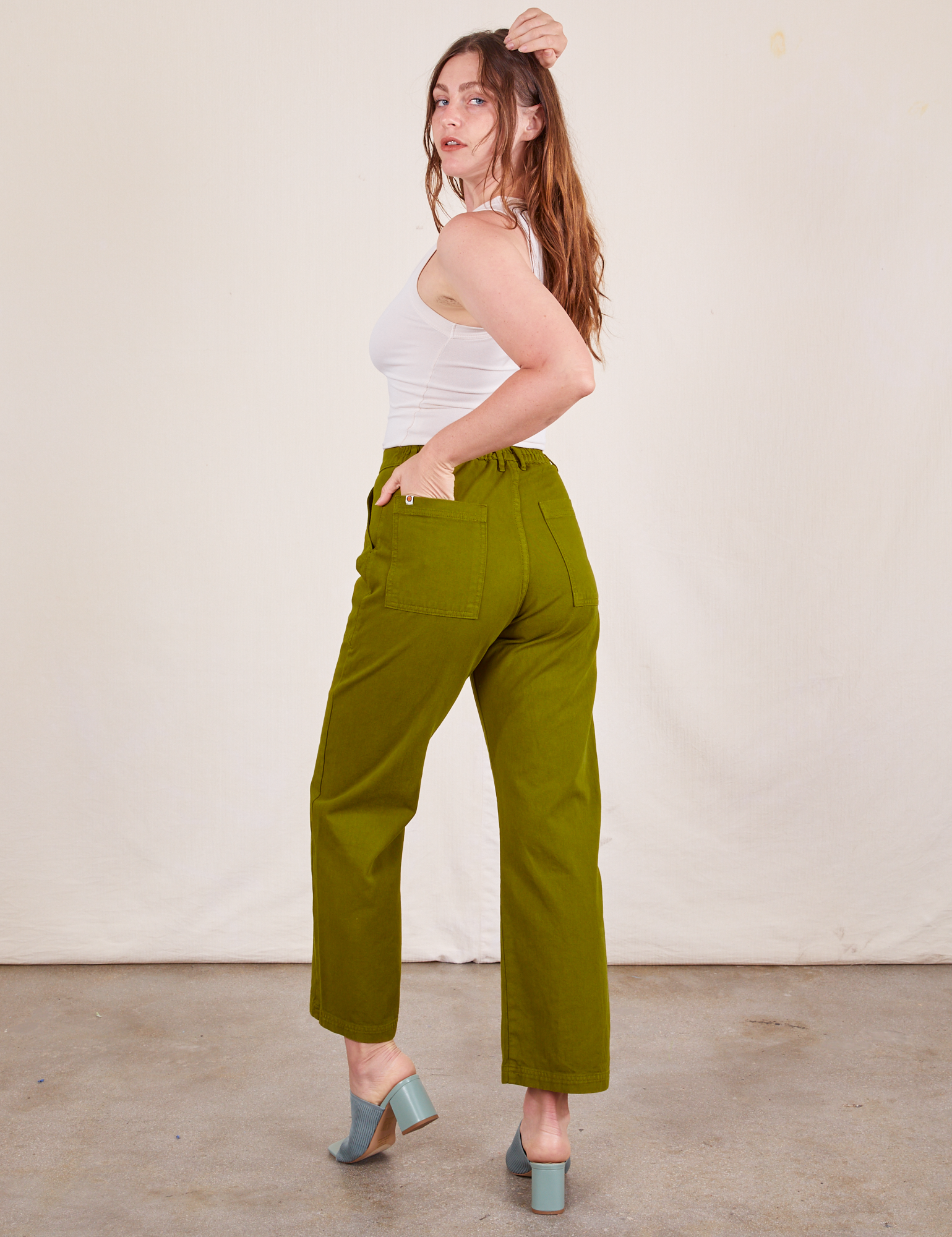 Back view of Work Pants in Olive Green on Allison