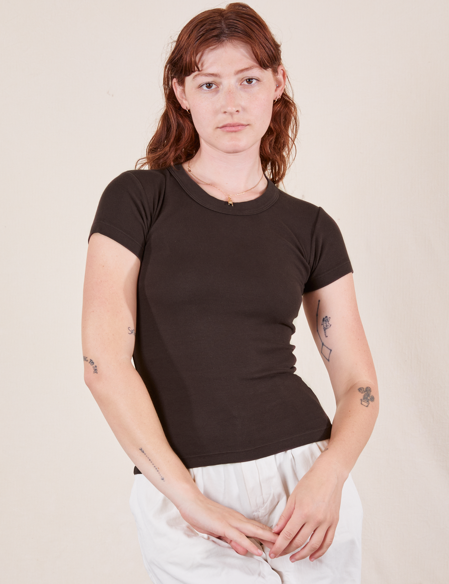 Alex is wearing Baby Tee in Espresso Brown