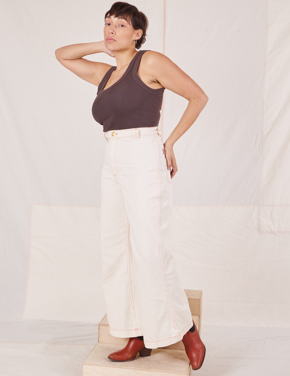 Tiara is wearing Bell Bottoms in Vintage Off-White and espresso brown Tank Top