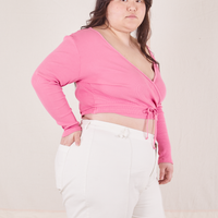 Wrap Top in Bubblegum Pink side view on Ashley wearing vintage off-white Western Pants