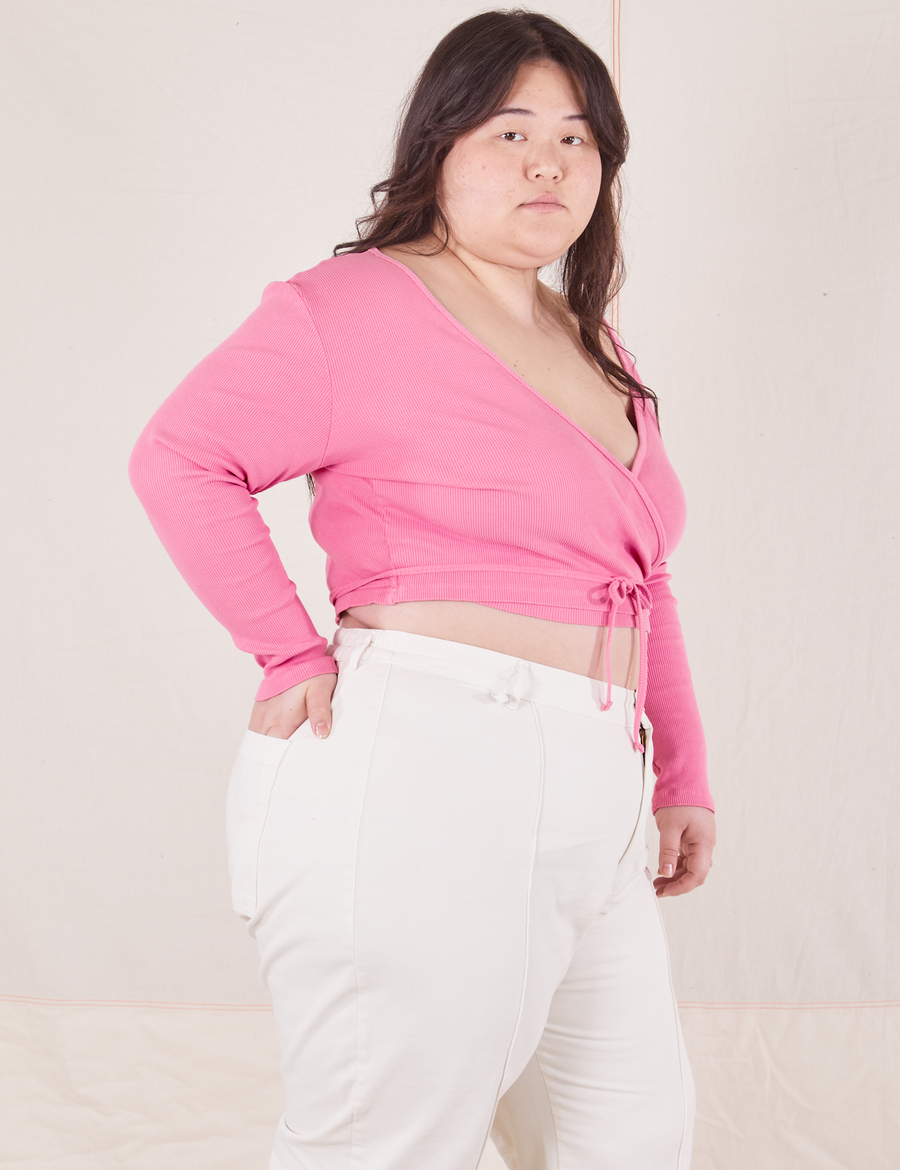 Wrap Top in Bubblegum Pink side view on Ashley wearing vintage off-white Western Pants