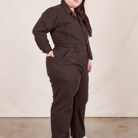 Side view of Everyday Jumpsuit in Espresso Brown worn by Ashley