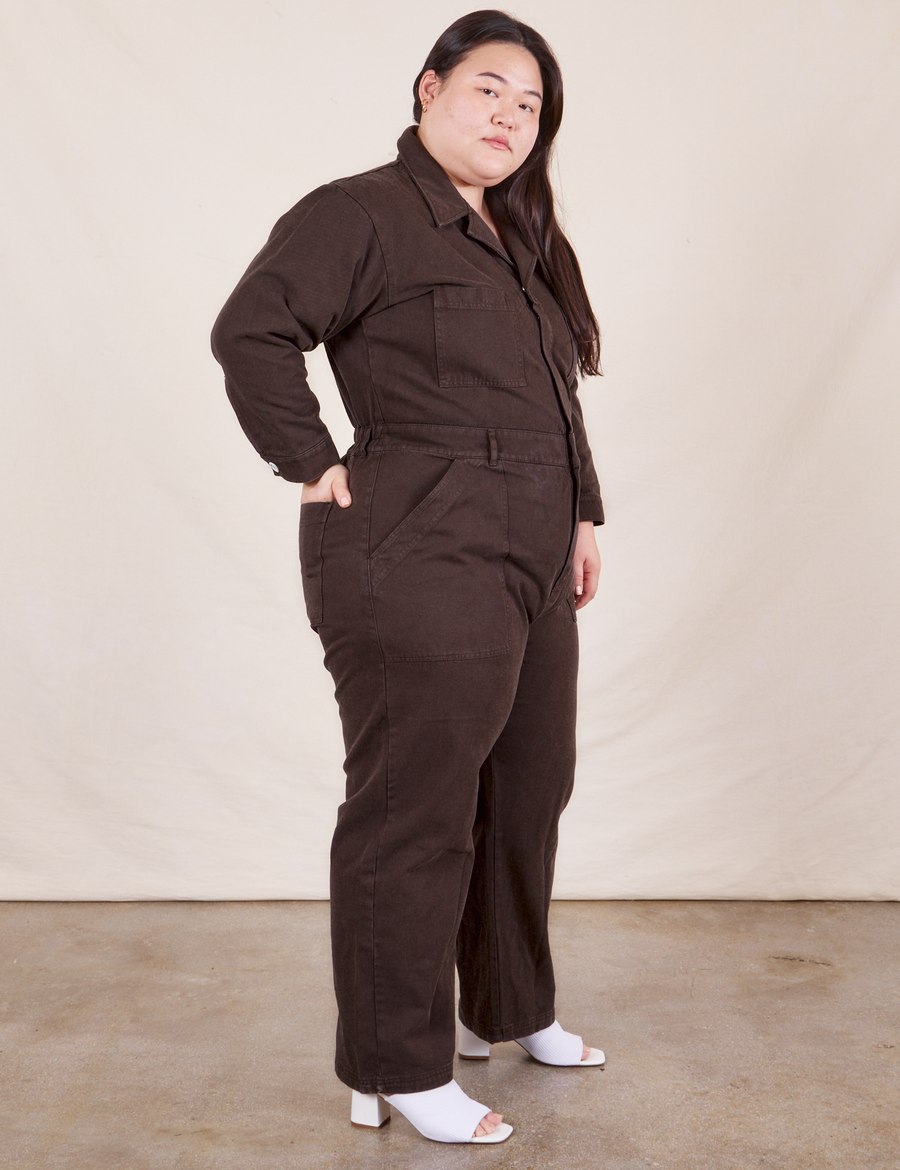 Side view of Everyday Jumpsuit in Espresso Brown worn by Ashley