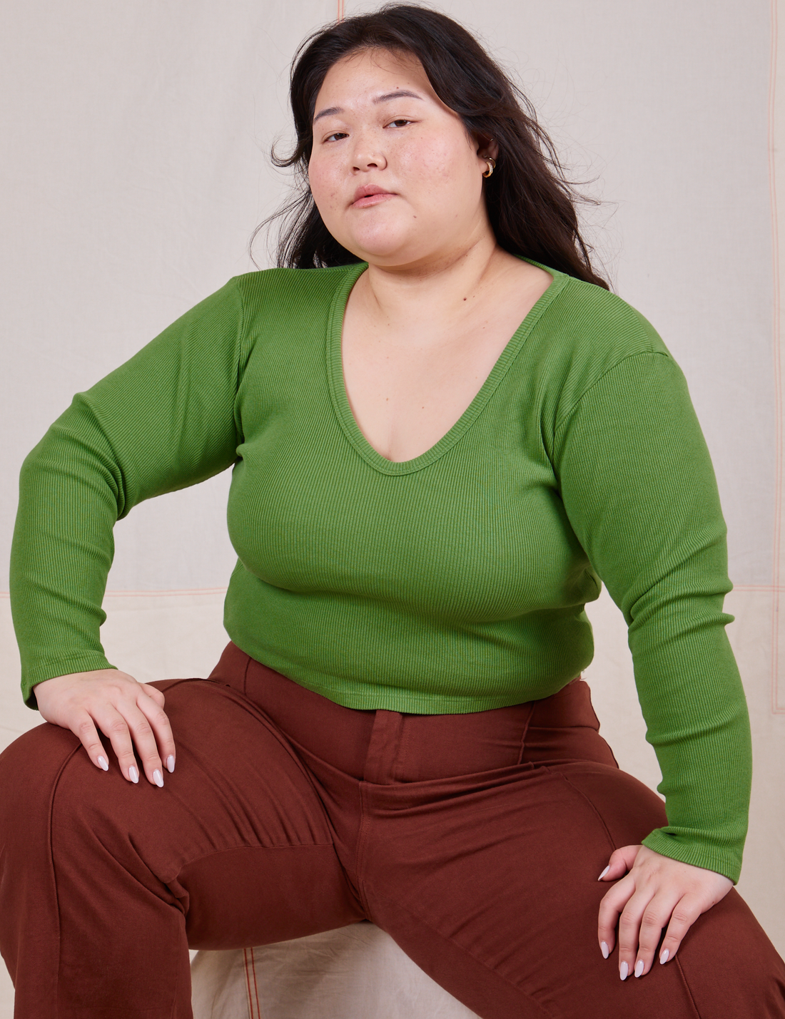 Long Sleeve V-Neck Tee in Bright Olive on Ashley