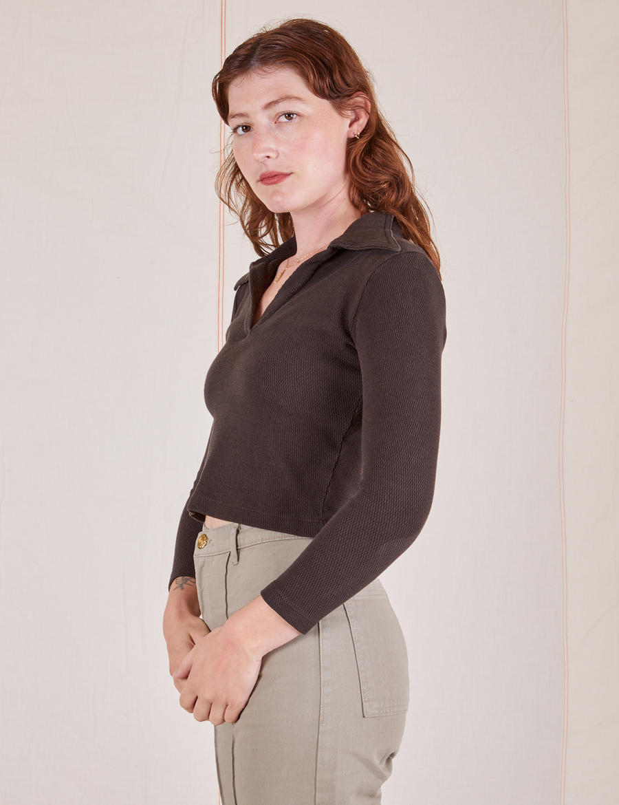 Side view of Long Sleeve Fisherman Polo in Espresso Brown worn by Alex