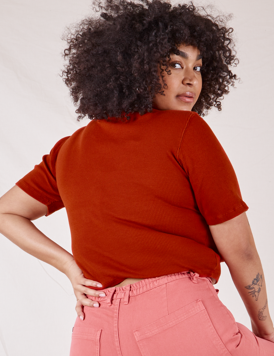 Back view of 1/2 Sleeve Essential Turtleneck in Paprika on Lana