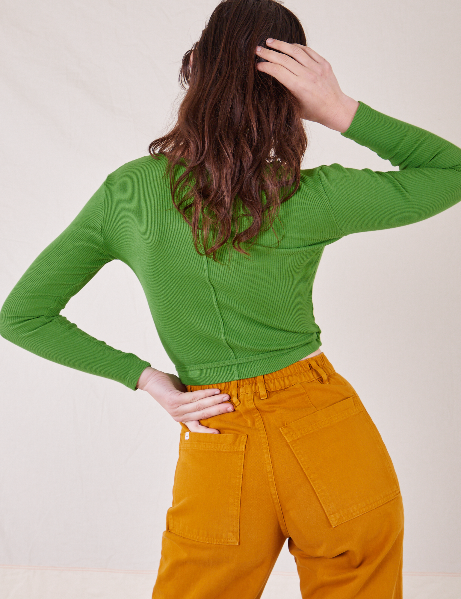 Wrap Top in Bright Olive back view on Alex