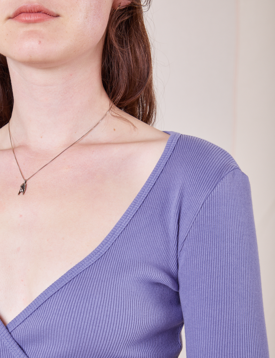 Wrap Top in Faded Grape front close up on Alex