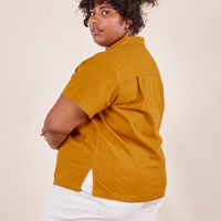 Pantry Button-Up in Spicy Mustard side view on Morgan wearing vintage off-white Western Pants