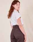 Angled back view of Pantry Button-Up in Vintage Tee White and espresso brown Western Pants 