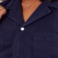 Front close up of Short Sleeve Jumpsuit in Navy Blue worn by Morgan