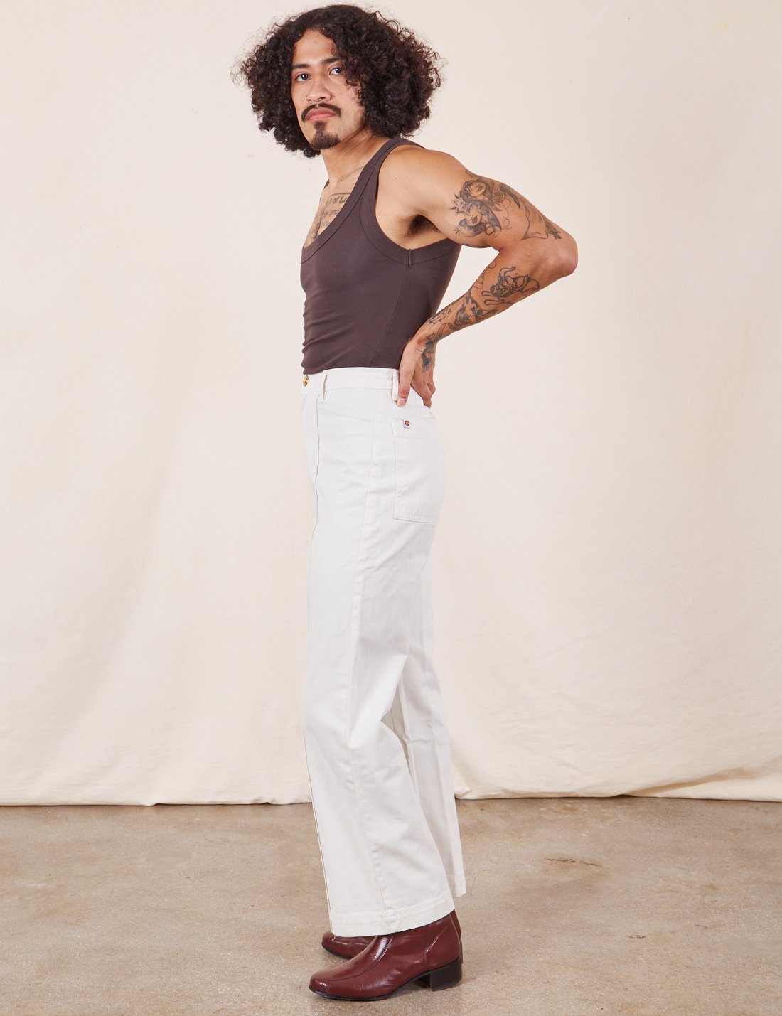 Western Pants in Vintage Tee Off-White side view on Jesse wearing espresso brown Tank Top
