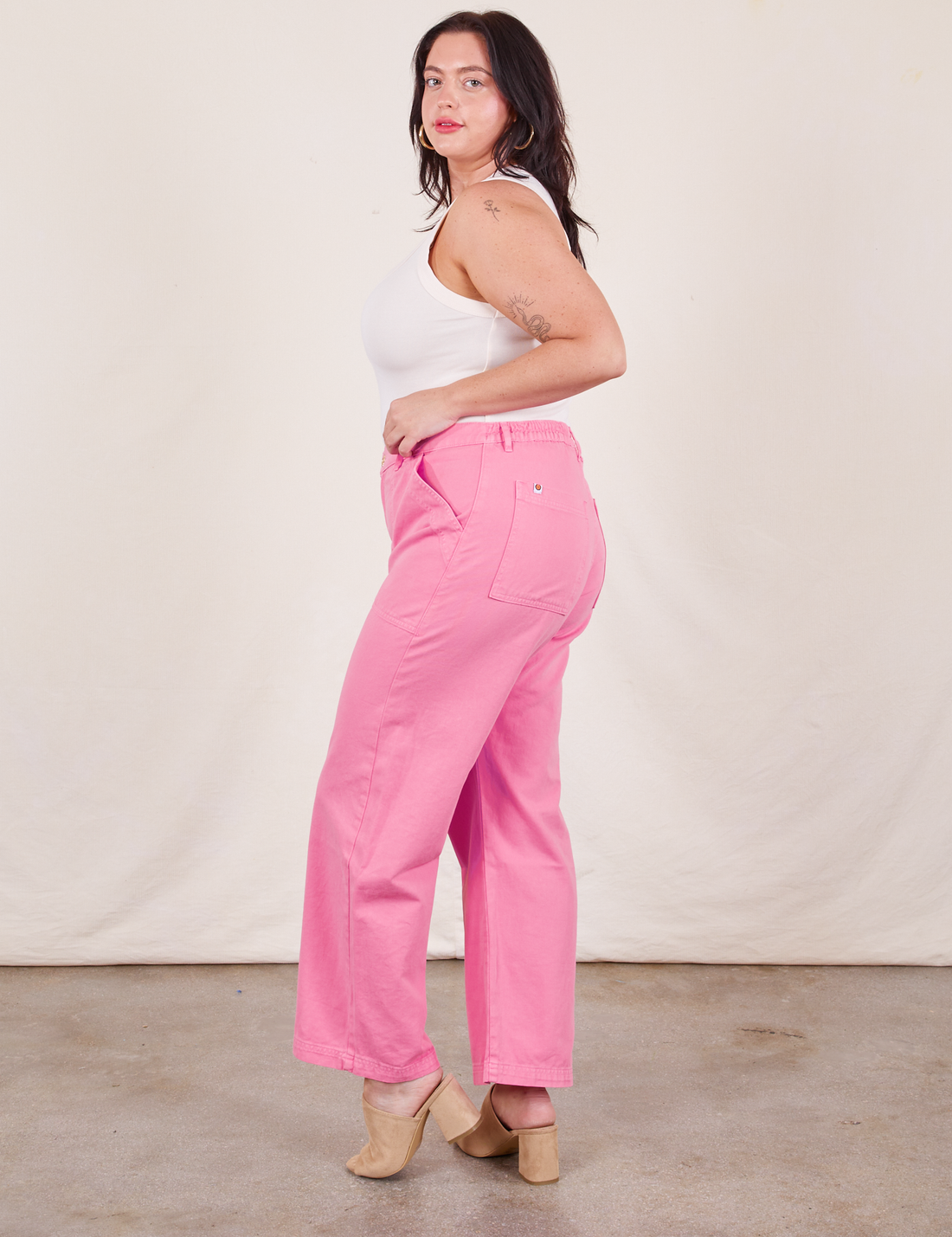 Work Pants in Bubblegum Pink side view on Faye wearing vintage off-white Tank Top