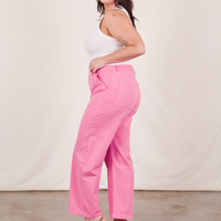 Work Pants in Bubblegum Pink side view on Faye wearing vintage off-white Tank Top