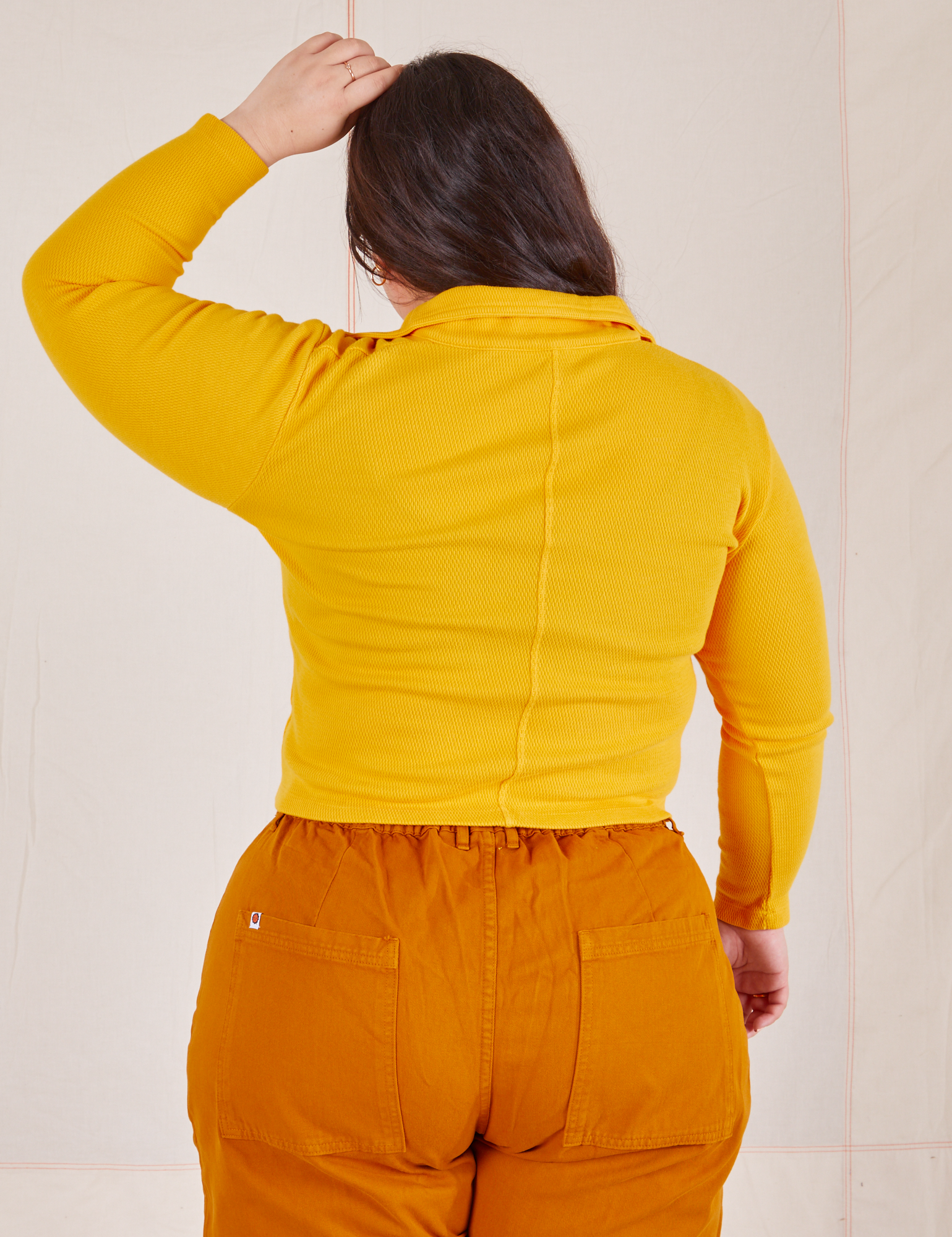 Back view of Long Sleeve Fisherman Polo in Sunshine Yellow worn by Ashley