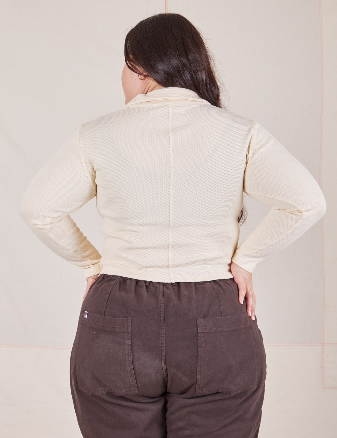 Long Sleeve Fisherman Polo in Vintage Tee Off-White back view on Ashley wearing espresso brown Western Pants