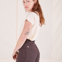 The Organic Vintage Tee in Vintage Off White side view on Alex wearing espresso brown Western Pants