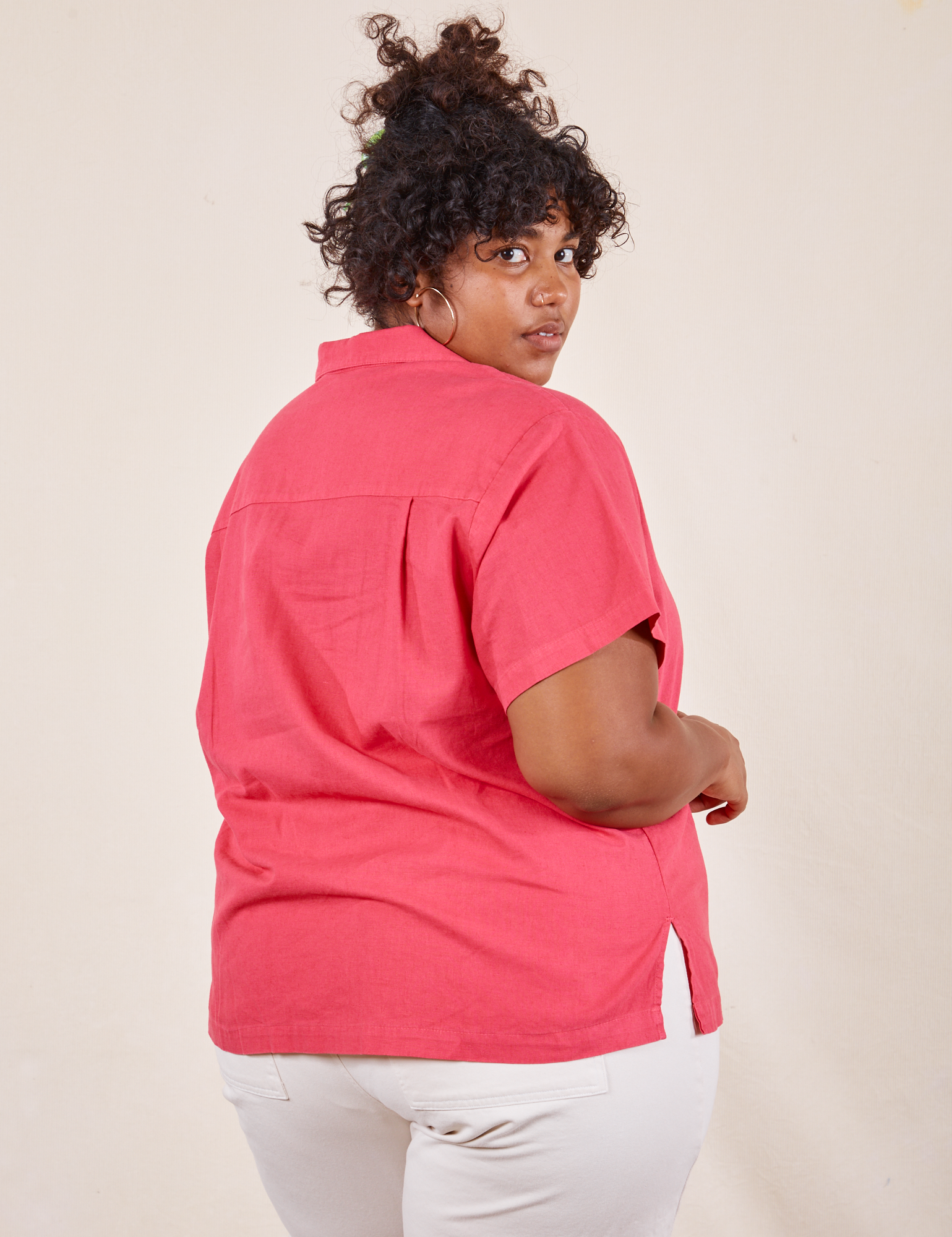 Back view of Pantry Button-Up in Hot Pink worn by Morgan